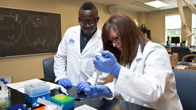 two students in lab coast and gloves work in a pharmacy lab